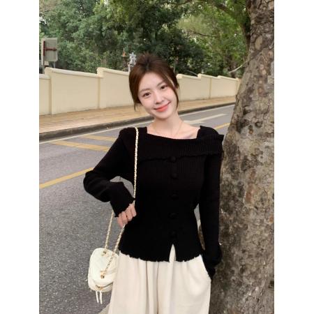 FA45766# 一字肩木耳边打底衫女春秋纯欲内搭毛衣开叉针织上衣 服裝批發女裝批發服飾貨源