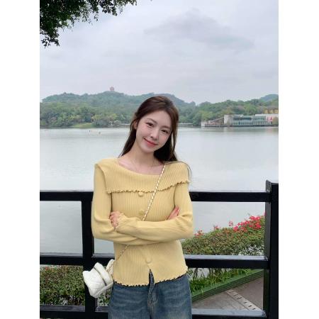 FA45766# 一字肩木耳边打底衫女春秋纯欲内搭毛衣开叉针织上衣 服裝批發女裝批發服飾貨源