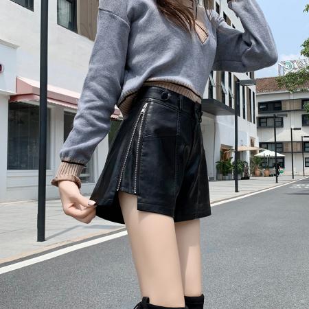 FA45768# 皮裤高腰短裤女秋侧边拉链黑色阔腿裤显瘦休闲外穿靴裤 服裝批發女裝批發服飾貨源