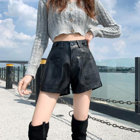 FA45768# 皮裤高腰短裤女秋侧边拉链黑色阔腿裤显瘦休闲外穿靴裤 服裝批發女裝批發服飾貨源
