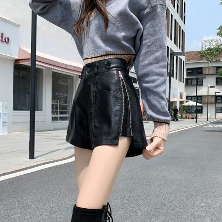 FA45768# 皮裤高腰短裤女秋侧边拉链黑色阔腿裤显瘦休闲外穿靴裤 服裝批發女裝批發服飾貨源