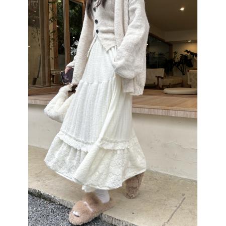 FA45770# 蕾丝拼接高腰半身裙女秋冬新款温柔风超仙气质a字蛋糕裙 服裝批發女裝批發服飾貨源