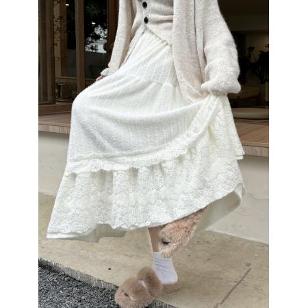 FA45770# 蕾丝拼接高腰半身裙女秋冬新款温柔风超仙气质a字蛋糕裙 服裝批發女裝批發服飾貨源