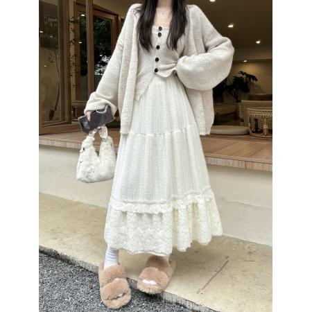 FA45770# 蕾丝拼接高腰半身裙女秋冬新款温柔风超仙气质a字蛋糕裙 服裝批發女裝批發服飾貨源