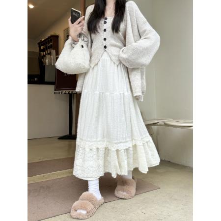 FA45770# 蕾丝拼接高腰半身裙女秋冬新款温柔风超仙气质a字蛋糕裙 服裝批發女裝批發服飾貨源