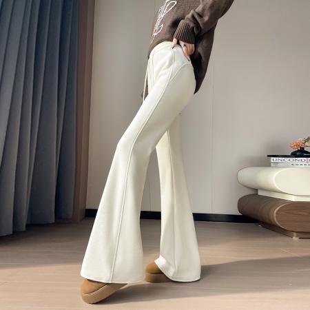 FA45773# 秋冬新款加绒裤子女微喇羊绒高腰加厚阔腿喇叭拖地裤女 服裝批發女裝批發服飾貨源