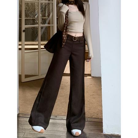 FA45777# 辣妹微喇气质休闲裤女秋冬低腰呢子裤设计感西装裤显瘦拖地裤 服裝批發女裝批發服飾貨源