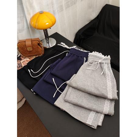 FA45780# 蕾丝运动灰色阔腿卫裤女工装新款垂感高腰休闲直筒拖地裤子 服裝批發女裝批發服飾貨源