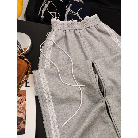 FA45780# 蕾丝运动灰色阔腿卫裤女工装新款垂感高腰休闲直筒拖地裤子 服裝批發女裝批發服飾貨源