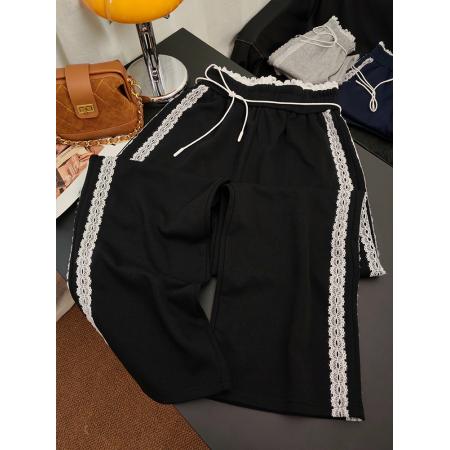 FA45780# 蕾丝运动灰色阔腿卫裤女工装新款垂感高腰休闲直筒拖地裤子 服裝批發女裝批發服飾貨源