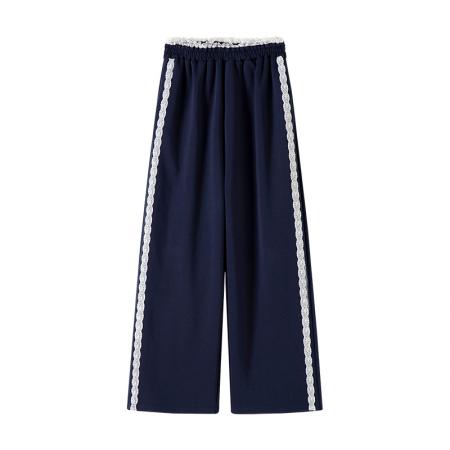 FA45780# 蕾丝运动灰色阔腿卫裤女工装新款垂感高腰休闲直筒拖地裤子 服裝批發女裝批發服飾貨源