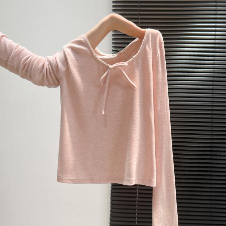 FA45783# 灰色蝴蝶结系带长袖t恤女秋设计感修身内搭打底衫假两件 服裝批發女裝批發服飾貨源