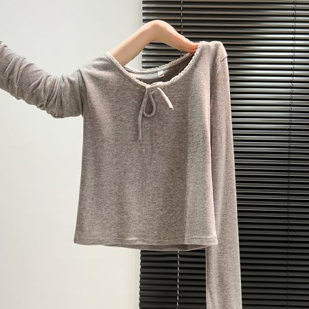 FA45783# 灰色蝴蝶结系带长袖t恤女秋设计感修身内搭打底衫假两件 服裝批發女裝批發服飾貨源