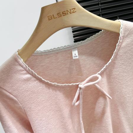 FA45783# 灰色蝴蝶结系带长袖t恤女秋设计感修身内搭打底衫假两件 服裝批發女裝批發服飾貨源