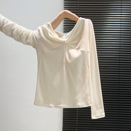 FA45784# 法式气质V领扭结长袖t恤女时尚小众修身显瘦打底衫 服裝批發女裝批發服飾貨源