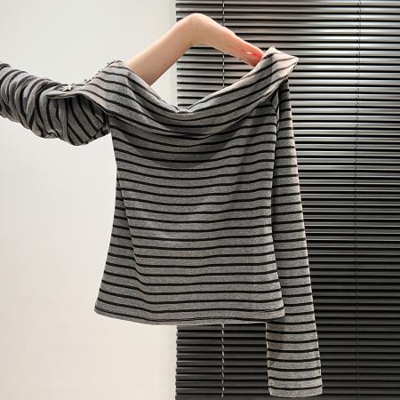 FA45785# 挂脖条纹长袖t恤女秋冬设计感气质辣妹修身内搭打底衫 服裝批發女裝批發服飾貨源