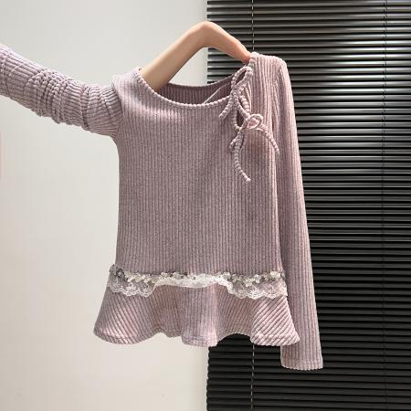 FA45786# 淡紫针织衫肩侧系带秋季女蕾丝亮片拼接长袖甜美又精致 服裝批發女裝批發服飾貨源