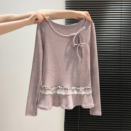 FA45786# 淡紫针织衫肩侧系带秋季女蕾丝亮片拼接长袖甜美又精致 服裝批發女裝批發服飾貨源
