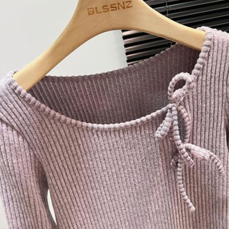 FA45786# 淡紫针织衫肩侧系带秋季女蕾丝亮片拼接长袖甜美又精致 服裝批發女裝批發服飾貨源