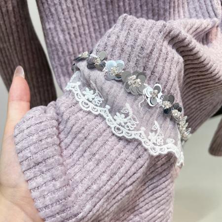 FA45786# 淡紫针织衫肩侧系带秋季女蕾丝亮片拼接长袖甜美又精致 服裝批發女裝批發服飾貨源