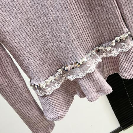 FA45786# 淡紫针织衫肩侧系带秋季女蕾丝亮片拼接长袖甜美又精致 服裝批發女裝批發服飾貨源