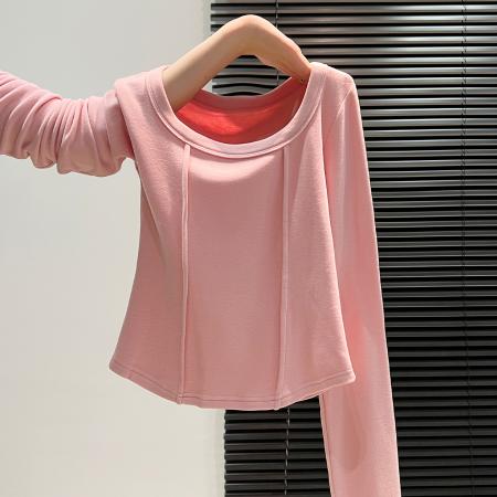 FA45788# 双面德绒加绒打底衫女内搭秋冬新款设计感锁骨明线上衣 服裝批發女裝批發服飾貨源