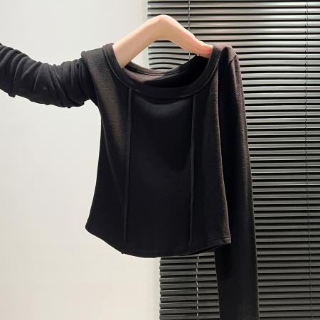 FA45788# 双面德绒加绒打底衫女内搭秋冬新款设计感锁骨明线上衣 服裝批發女裝批發服飾貨源