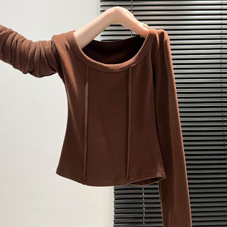 FA45788# 双面德绒加绒打底衫女内搭秋冬新款设计感锁骨明线上衣 服裝批發女裝批發服飾貨源