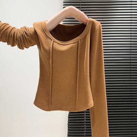 FA45788# 双面德绒加绒打底衫女内搭秋冬新款设计感锁骨明线上衣 服裝批發女裝批發服飾貨源