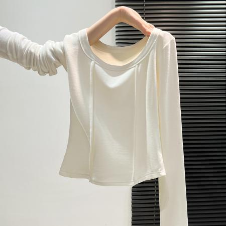 FA45788# 双面德绒加绒打底衫女内搭秋冬新款设计感锁骨明线上衣 服裝批發女裝批發服飾貨源