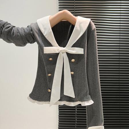 FA45789# 学院风v领假两件针织衫女装秋季修身灰色长袖毛衣蝴蝶结 服裝批發女裝批發服飾貨源