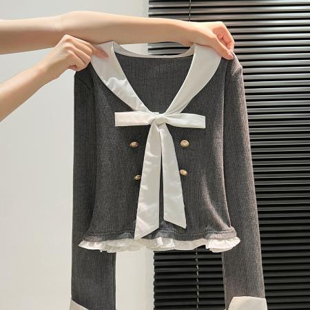 FA45789# 学院风v领假两件针织衫女装秋季修身灰色长袖毛衣蝴蝶结 服裝批發女裝批發服飾貨源