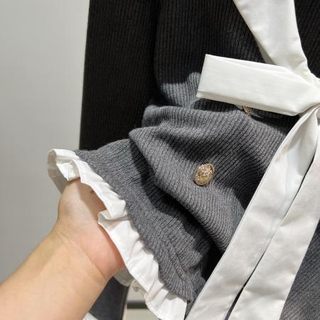 FA45789# 学院风v领假两件针织衫女装秋季修身灰色长袖毛衣蝴蝶结 服裝批發女裝批發服飾貨源