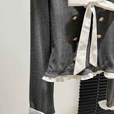 FA45789# 学院风v领假两件针织衫女装秋季修身灰色长袖毛衣蝴蝶结 服裝批發女裝批發服飾貨源