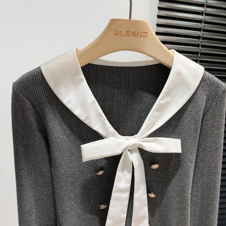 FA45789# 学院风v领假两件针织衫女装秋季修身灰色长袖毛衣蝴蝶结 服裝批發女裝批發服飾貨源