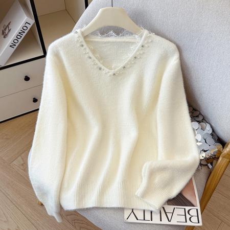 FA45790# 设计感重工钉珠蕾丝花边v领针织开衫女秋冬黄金貂毛衣上衣女 服裝批發女裝批發服飾貨源