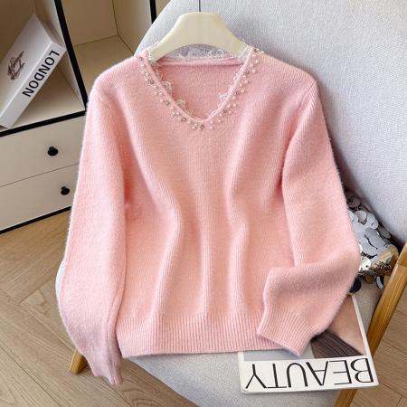 FA45790# 设计感重工钉珠蕾丝花边v领针织开衫女秋冬黄金貂毛衣上衣女 服裝批發女裝批發服飾貨源