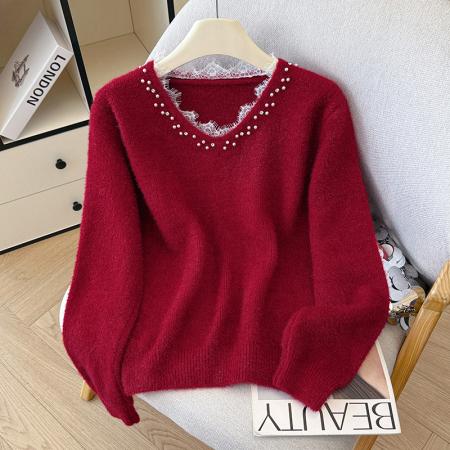 FA45790# 设计感重工钉珠蕾丝花边v领针织开衫女秋冬黄金貂毛衣上衣女 服裝批發女裝批發服飾貨源