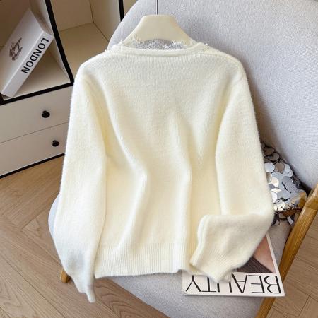 FA45790# 设计感重工钉珠蕾丝花边v领针织开衫女秋冬黄金貂毛衣上衣女 服裝批發女裝批發服飾貨源