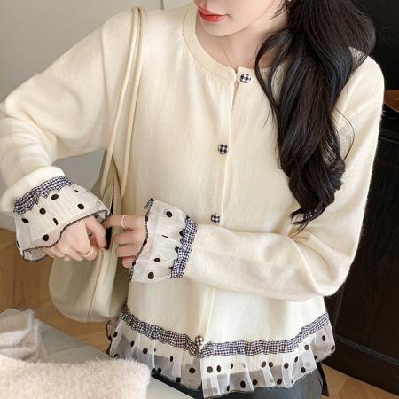 FA45794# 韩系波点格子木耳边拼接甜美针织衫女秋冬温柔感毛衣开衫上衣 服裝批發女裝批發服飾貨源