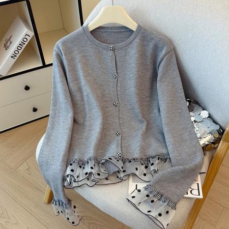 FA45794# 韩系波点格子木耳边拼接甜美针织衫女秋冬温柔感毛衣开衫上衣 服裝批發女裝批發服飾貨源