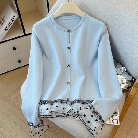 FA45794# 韩系波点格子木耳边拼接甜美针织衫女秋冬温柔感毛衣开衫上衣 服裝批發女裝批發服飾貨源