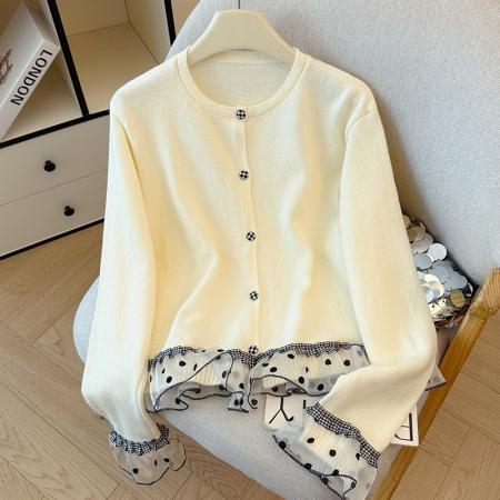 FA45794# 韩系波点格子木耳边拼接甜美针织衫女秋冬温柔感毛衣开衫上衣 服裝批發女裝批發服飾貨源