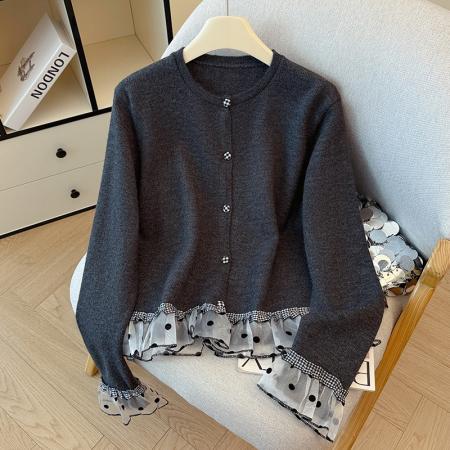 FA45794# 韩系波点格子木耳边拼接甜美针织衫女秋冬温柔感毛衣开衫上衣 服裝批發女裝批發服飾貨源