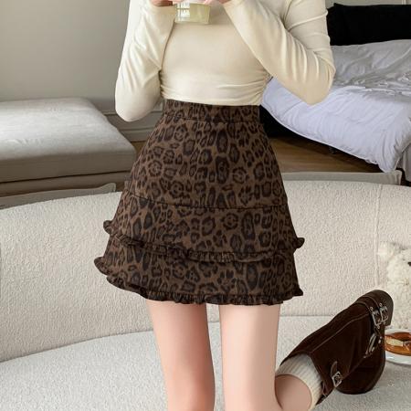 FA45795# 秋冬新款麂皮绒印花豹纹荷叶木耳边半身裙a字防走光短裤裙女 服裝批發女裝批發服飾貨源