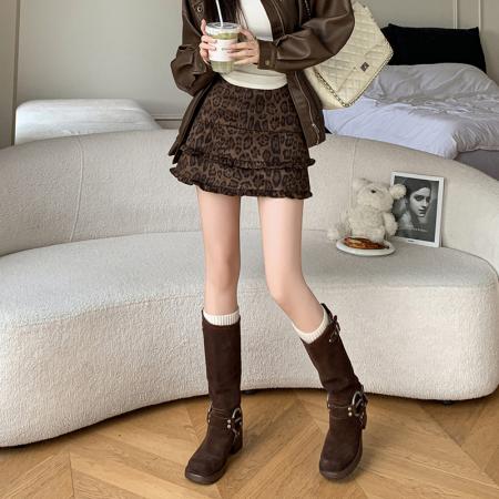 FA45795# 秋冬新款麂皮绒印花豹纹荷叶木耳边半身裙a字防走光短裤裙女 服裝批發女裝批發服飾貨源