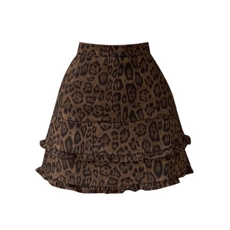 FA45795# 秋冬新款麂皮绒印花豹纹荷叶木耳边半身裙a字防走光短裤裙女 服裝批發女裝批發服飾貨源