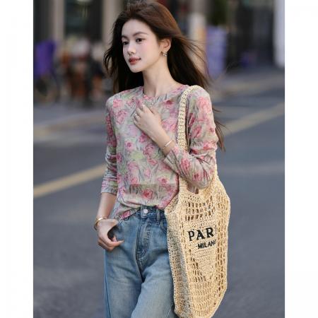 FA45798# 秋季油画玫瑰甜美小清新晕染印花圆领打底衫舒弹宽松女式t恤 服裝批發女裝批發服飾貨源