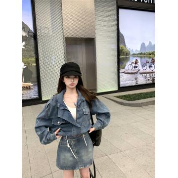 FA46800# 复古辣妹牛仔套装帅气宽松廓形短款牛仔夹克外套包臀半身裙 服裝批發女裝批發服飾貨源
