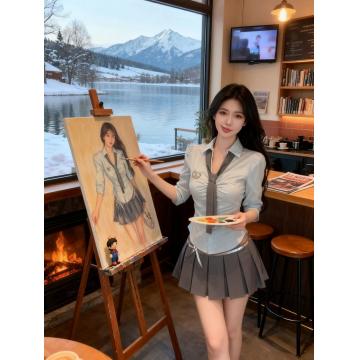 FA47252# 学院风穿搭套装蓝色刺绣polo领衬衫上衣女秋季百褶半身裙子两件套 服裝批發女裝批發服飾貨源